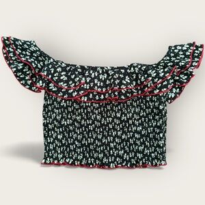 LIKELY Black Floral Smocked Off-the-Shoulder Ruffle Crop Top